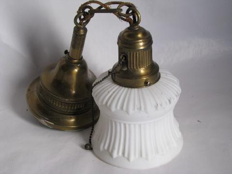 photo of antique electric embossed ornate brass pendant light, old satin glass lamp shade #3