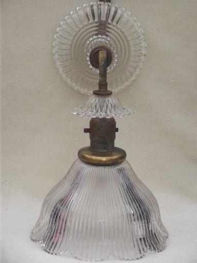 photo of antique electric light, wall sconce lamp w/ prismatic ribbed glass shade #4