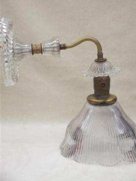 catalog photo of antique electric light, wall sconce lamp w/ prismatic ribbed glass shade