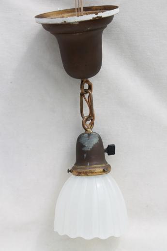 photo of antique electric pendant light w/ glass lamp shade, vintage lighting as found #1