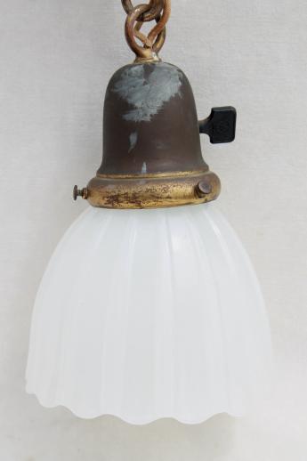 photo of antique electric pendant light w/ glass lamp shade, vintage lighting as found #2