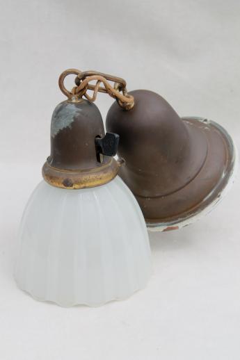 photo of antique electric pendant light w/ glass lamp shade, vintage lighting as found #3