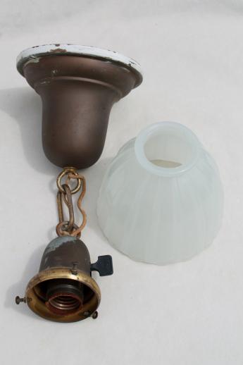 photo of antique electric pendant light w/ glass lamp shade, vintage lighting as found #8