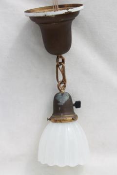 catalog photo of antique electric pendant light w/ glass lamp shade, vintage lighting as found