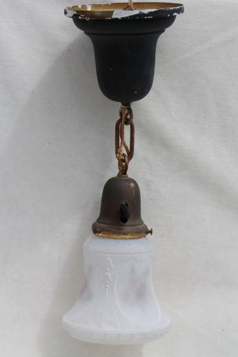 photo of antique electric pendant light w/ glass lamp shade, vintage lighting as found #1