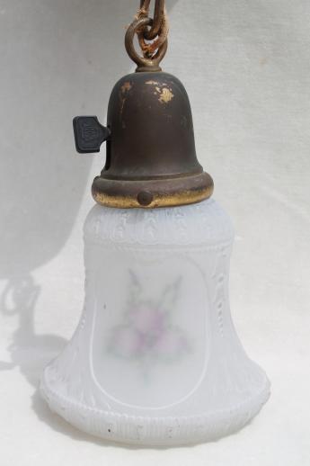 photo of antique electric pendant light w/ glass lamp shade, vintage lighting as found #2