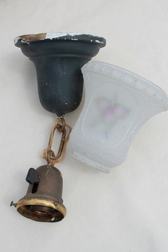 photo of antique electric pendant light w/ glass lamp shade, vintage lighting as found #8