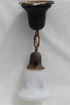 catalog photo of antique electric pendant light w/ glass lamp shade, vintage lighting as found