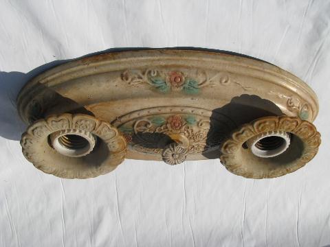 photo of antique electric tole ceiling light fixtures, ornate metal w/ original vintage paint #2