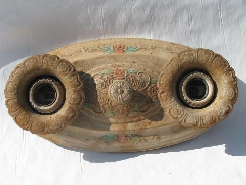 photo of antique electric tole ceiling light fixtures, ornate metal w/ original vintage paint #3