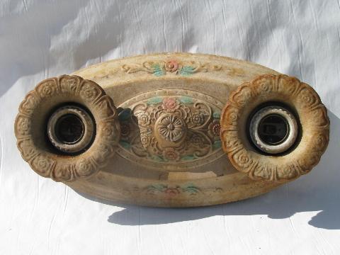 photo of antique electric tole ceiling light fixtures, ornate metal w/ original vintage paint #4