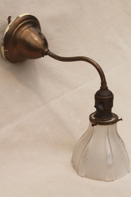 photo of antique electric wall mount lamp, brass reading lamp sconce light w/ vintage glass lampshade #1