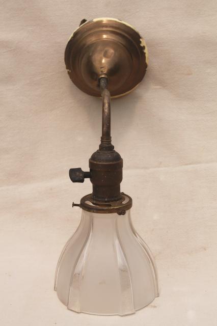 photo of antique electric wall mount lamp, brass reading lamp sconce light w/ vintage glass lampshade #6