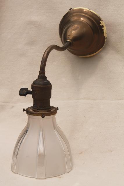 photo of antique electric wall mount lamp, brass reading lamp sconce light w/ vintage glass lampshade #7