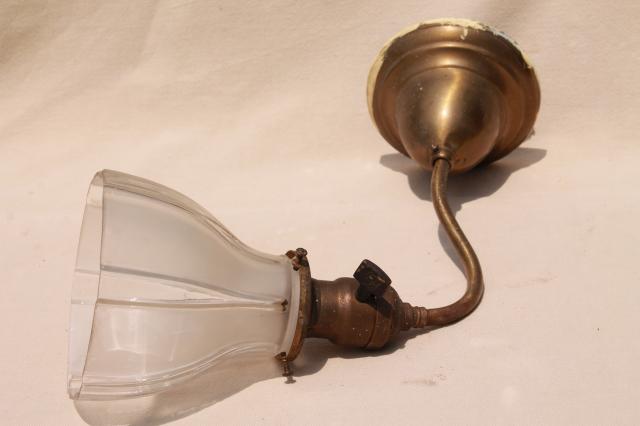 photo of antique electric wall mount lamp, brass reading lamp sconce light w/ vintage glass lampshade #8