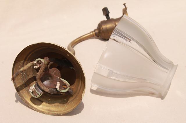 photo of antique electric wall mount lamp, brass reading lamp sconce light w/ vintage glass lampshade #10