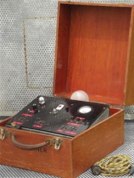 catalog photo of antique electrical power supply, vintage  meter w/bakelite panel & wood case