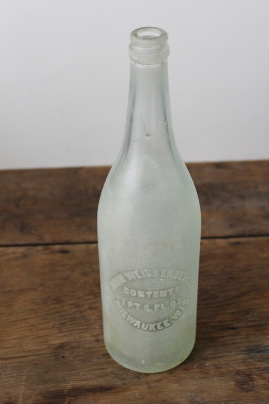 photo of antique embossed glass bottle John Weissenberger Milwaukee brewery soda bottle prohibition era vintage 1920s  #1