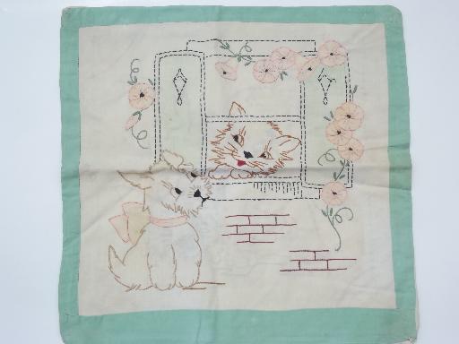 photo of antique embroidered cotton pillow cover, tinted embroidery dog & cat #1