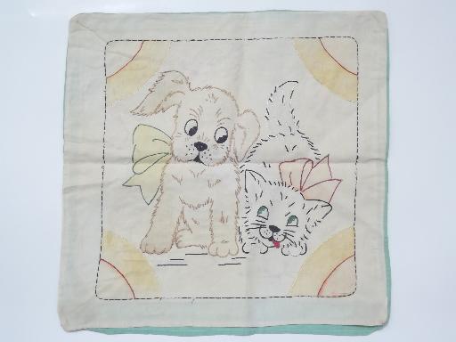 photo of antique embroidered cotton pillow cover, tinted embroidery dog & cat #2