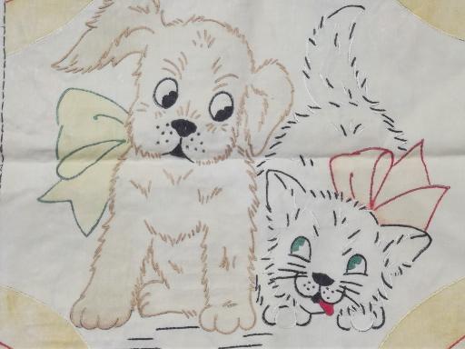 photo of antique embroidered cotton pillow cover, tinted embroidery dog & cat #3