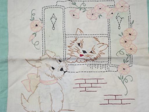 photo of antique embroidered cotton pillow cover, tinted embroidery dog & cat #4