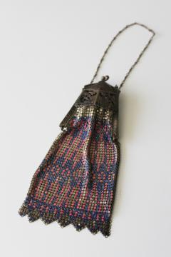 catalog photo of antique enamel metal mesh purse ornate pierced frame, Mandalian or Whiting & Davis?