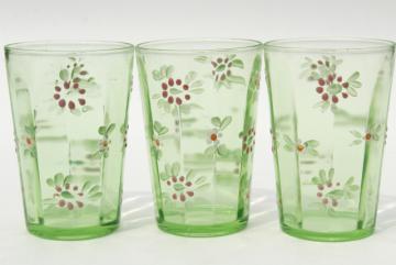 catalog photo of antique enameled glass tumblers, hand painted vintage green depression glass drinking glasses