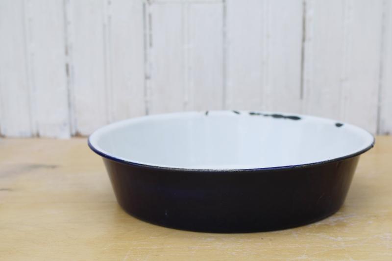 photo of antique enamelware bowl or milk pan, cobalt blue w/ white, vintage farmhouse kitchen ware #5