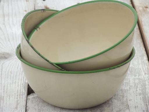 photo of antique enamelware kitchen bowls, vintage cream & jadite green enamel #2