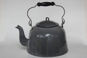 catalog photo of antique enamelware teakettle, big one gallon kettle vintage grey graniteware