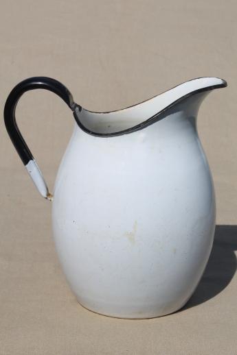 photo of antique enamelware wash pitcher, shabby vintage white enamel water pitcher #3