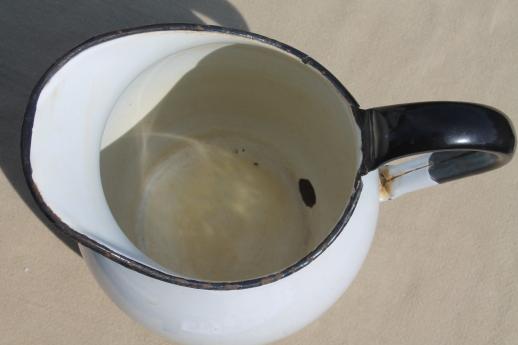 photo of antique enamelware wash pitcher, shabby vintage white enamel water pitcher #7