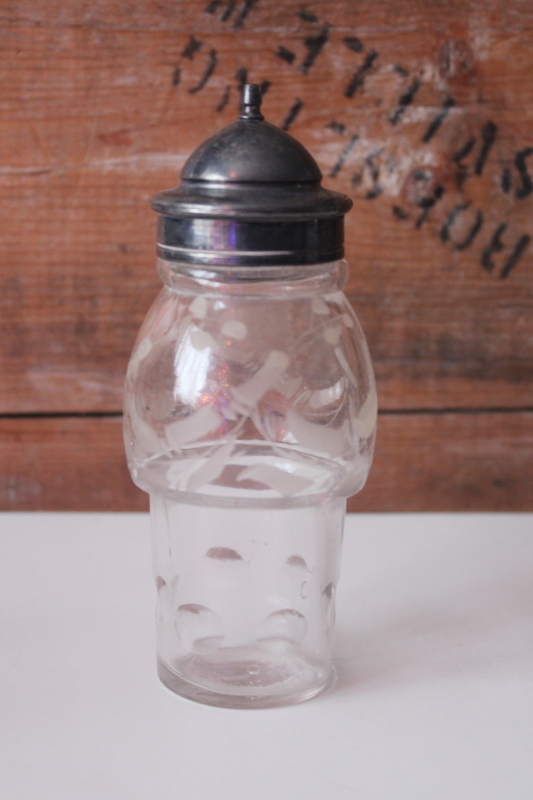 photo of antique etched glass bottle for Victorian castor stand, sugar or condiment jar w/ silver plated lid  #1