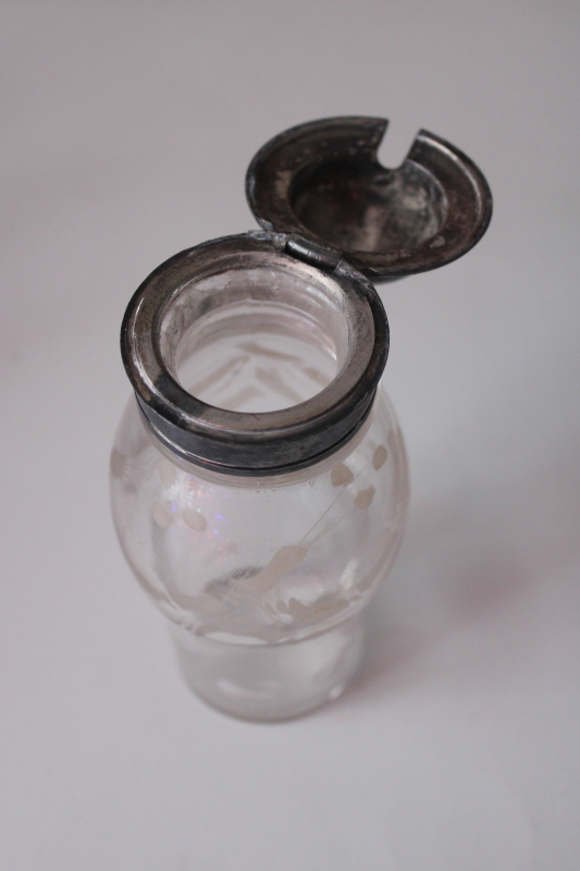 photo of antique etched glass bottle for Victorian castor stand, sugar or condiment jar w/ silver plated lid  #2