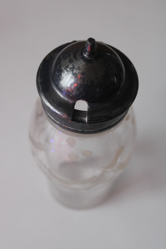 photo of antique etched glass bottle for Victorian castor stand, sugar or condiment jar w/ silver plated lid  #4