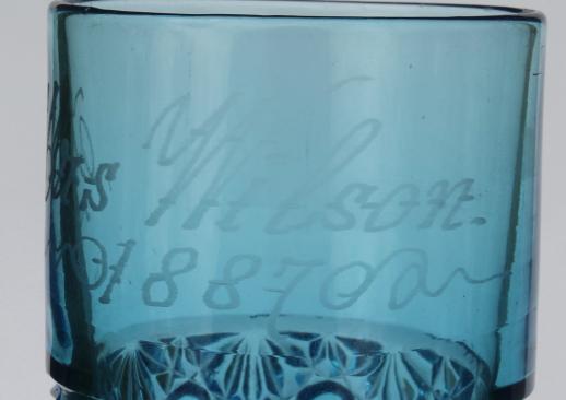 photo of antique etched glass tumbler, 1880s honeymoon souvenir glass engraved Mrs. Wilson #5