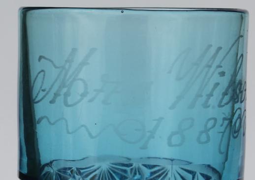 photo of antique etched glass tumbler, 1880s honeymoon souvenir glass engraved Mrs. Wilson #6