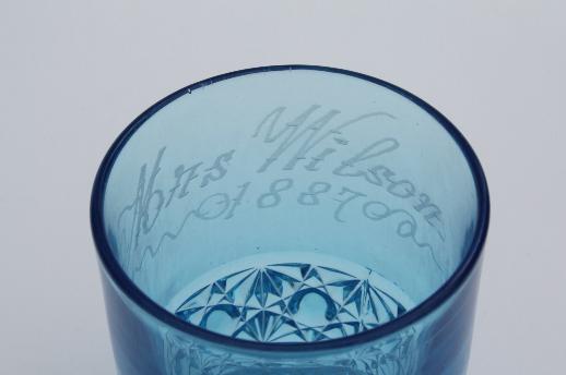 photo of antique etched glass tumbler, 1880s honeymoon souvenir glass engraved Mrs. Wilson #7