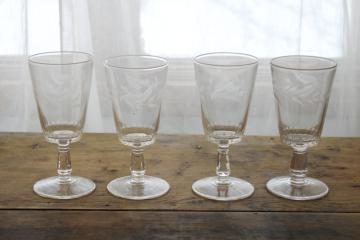 catalog photo of antique etched glass water goblets or wine glasses, Victorian style ferns early 1900s vintage