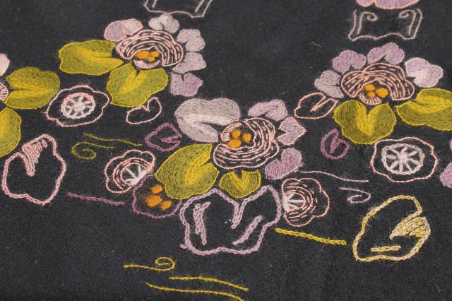 photo of antique fabric remnants, 1800s vintage black wool alpaca w/ crewelwork embroidery violet flowers #2