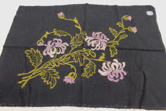 photo of antique fabric remnants, 1800s vintage black wool alpaca w/ crewelwork embroidery violet flowers #3