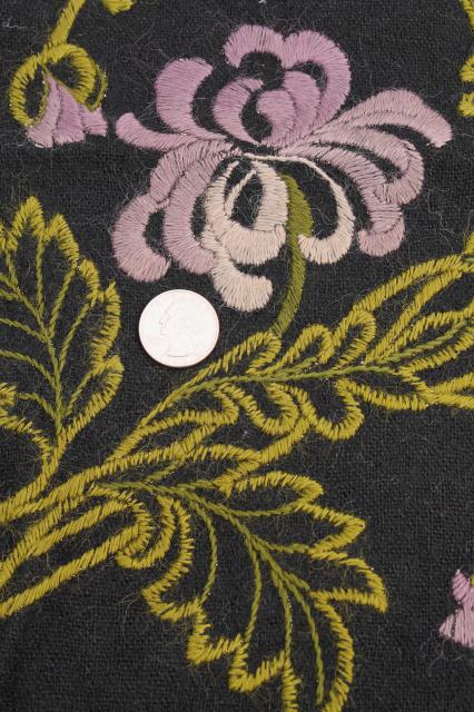 photo of antique fabric remnants, 1800s vintage black wool alpaca w/ crewelwork embroidery violet flowers #4