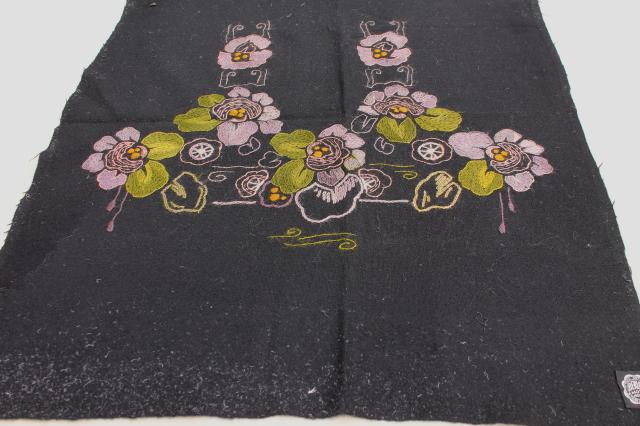 photo of antique fabric remnants, 1800s vintage black wool alpaca w/ crewelwork embroidery violet flowers #6