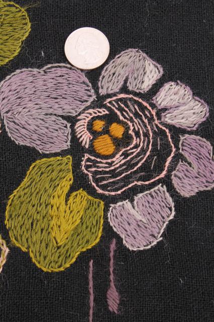 photo of antique fabric remnants, 1800s vintage black wool alpaca w/ crewelwork embroidery violet flowers #8