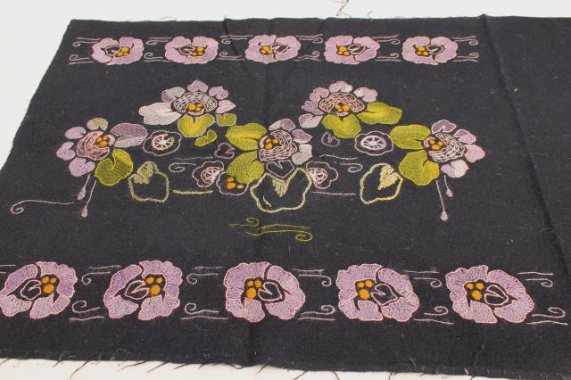 photo of antique fabric remnants, 1800s vintage black wool alpaca w/ crewelwork embroidery violet flowers #9