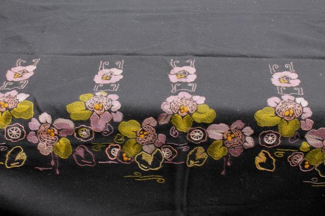 photo of antique fabric remnants, 1800s vintage black wool alpaca w/ crewelwork embroidery violet flowers #10