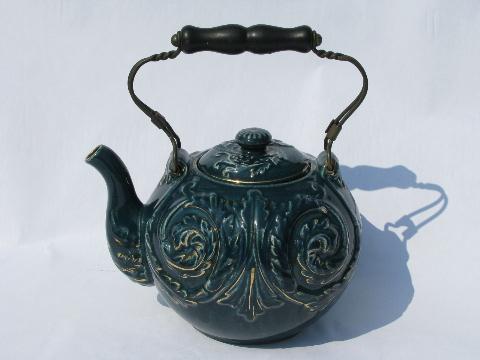 photo of antique faience glaze yellow ware pottery teapot, ocean blue w/ embossed ferns #1