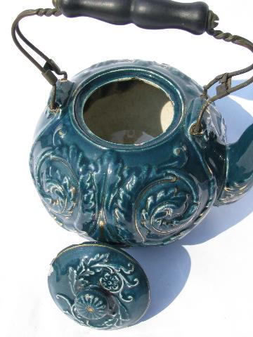 photo of antique faience glaze yellow ware pottery teapot, ocean blue w/ embossed ferns #4