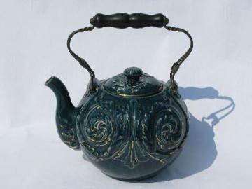 catalog photo of antique faience glaze yellow ware pottery teapot, ocean blue w/ embossed ferns
